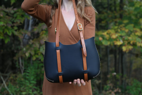 Load image into Gallery viewer, The Forest Tote in Black cordoban water buffalo with Ochre Steerhide Straps
