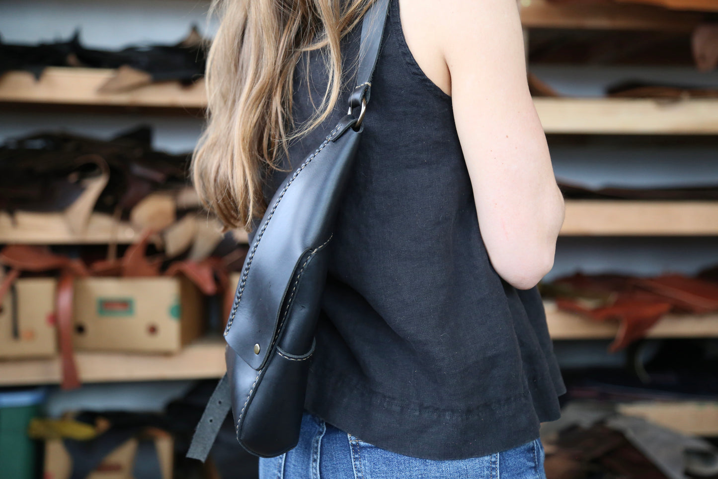 One-shoulder Mini Backpack in Black Horween Chromexcel